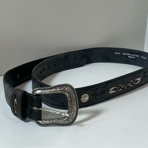 Genuine Leather Size 40 Made in Mexico Black Western Cowboy Belt Silver Buckle